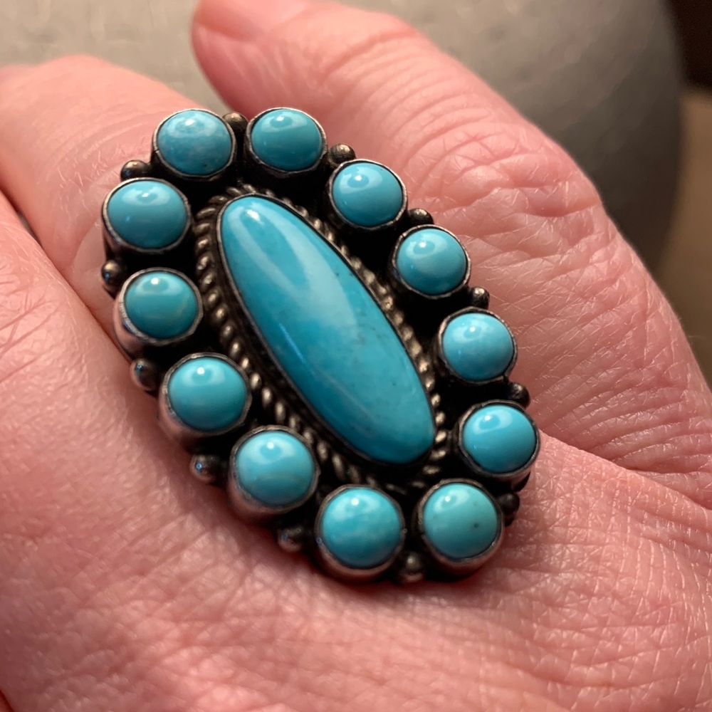 Native American Turquoise Oval Statement Ring stamped size 8.5